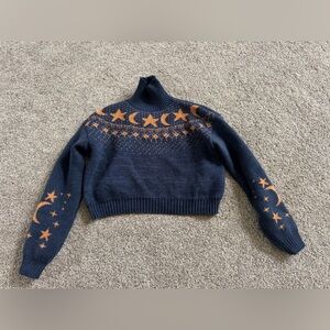 Navy and Orange Celestial Pattern Cropped Turtleneck Sweater